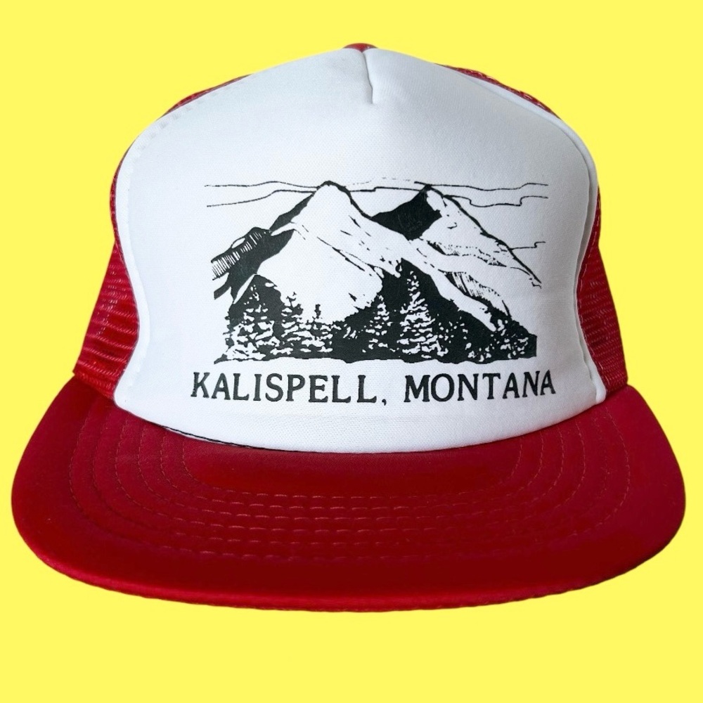 Vintage 80s 90s Kalispell Montana Trucker Hat Mesh Snapback Unisex Red